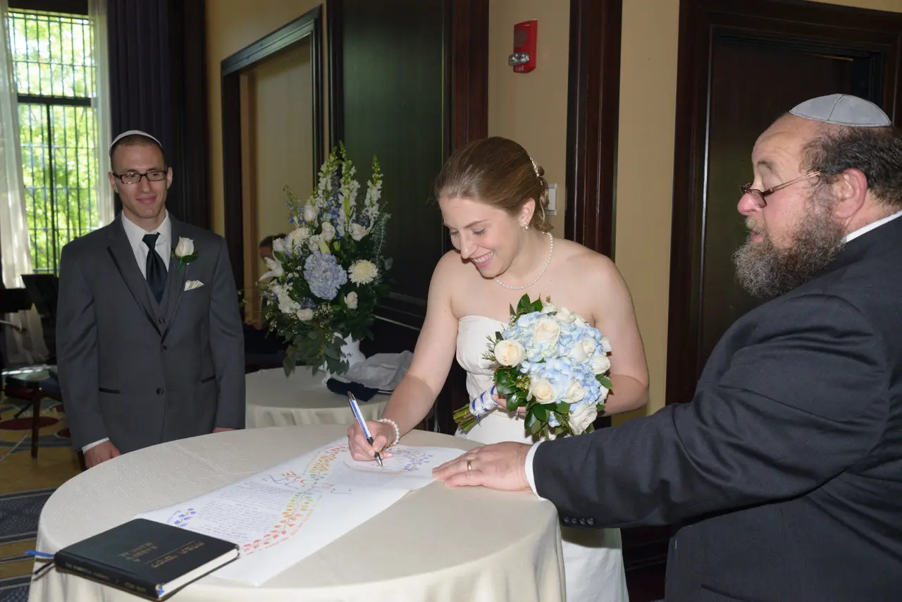 couple signing the ketubah